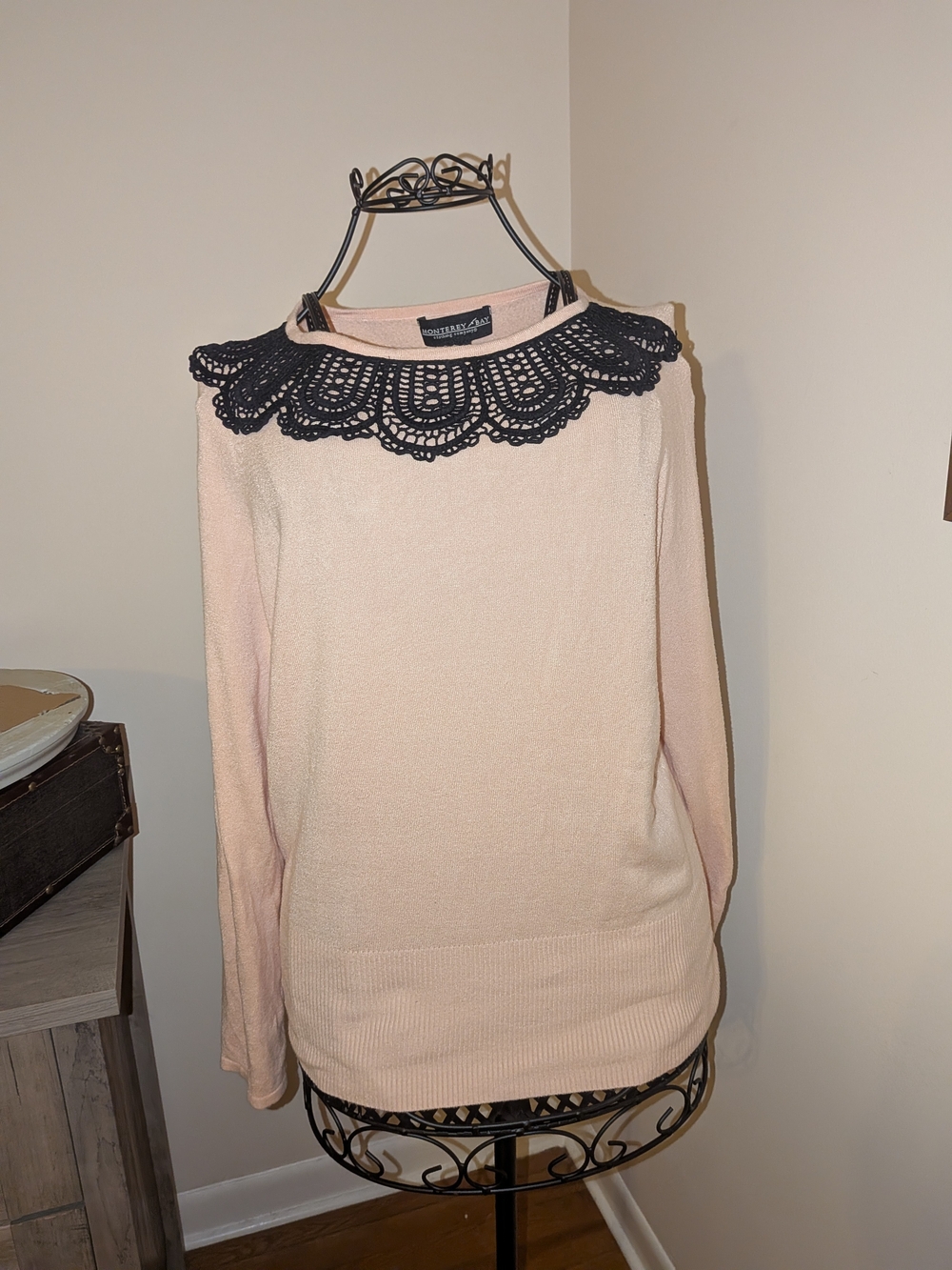 Monterey Bay Pink Sweater with Black Lace Collar